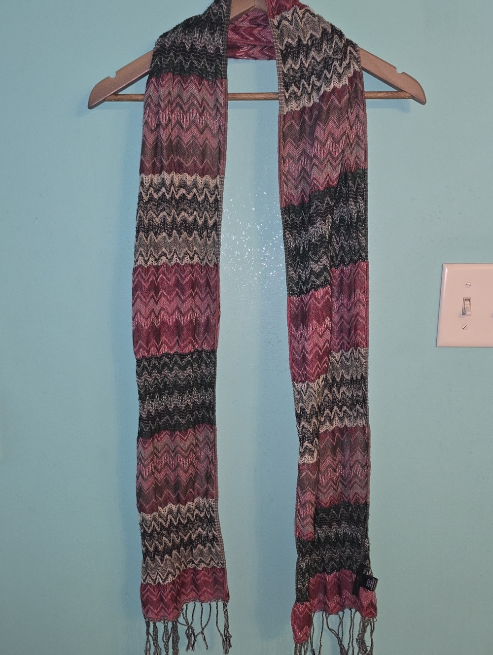 Chevron Knit Fringe Scarf in Plum, Black & Gray